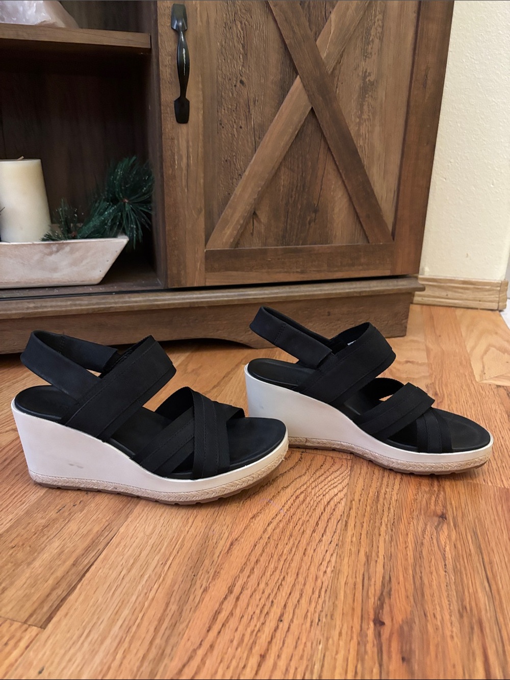 Merrell Black Strappy Wedge Sandals with White Platform